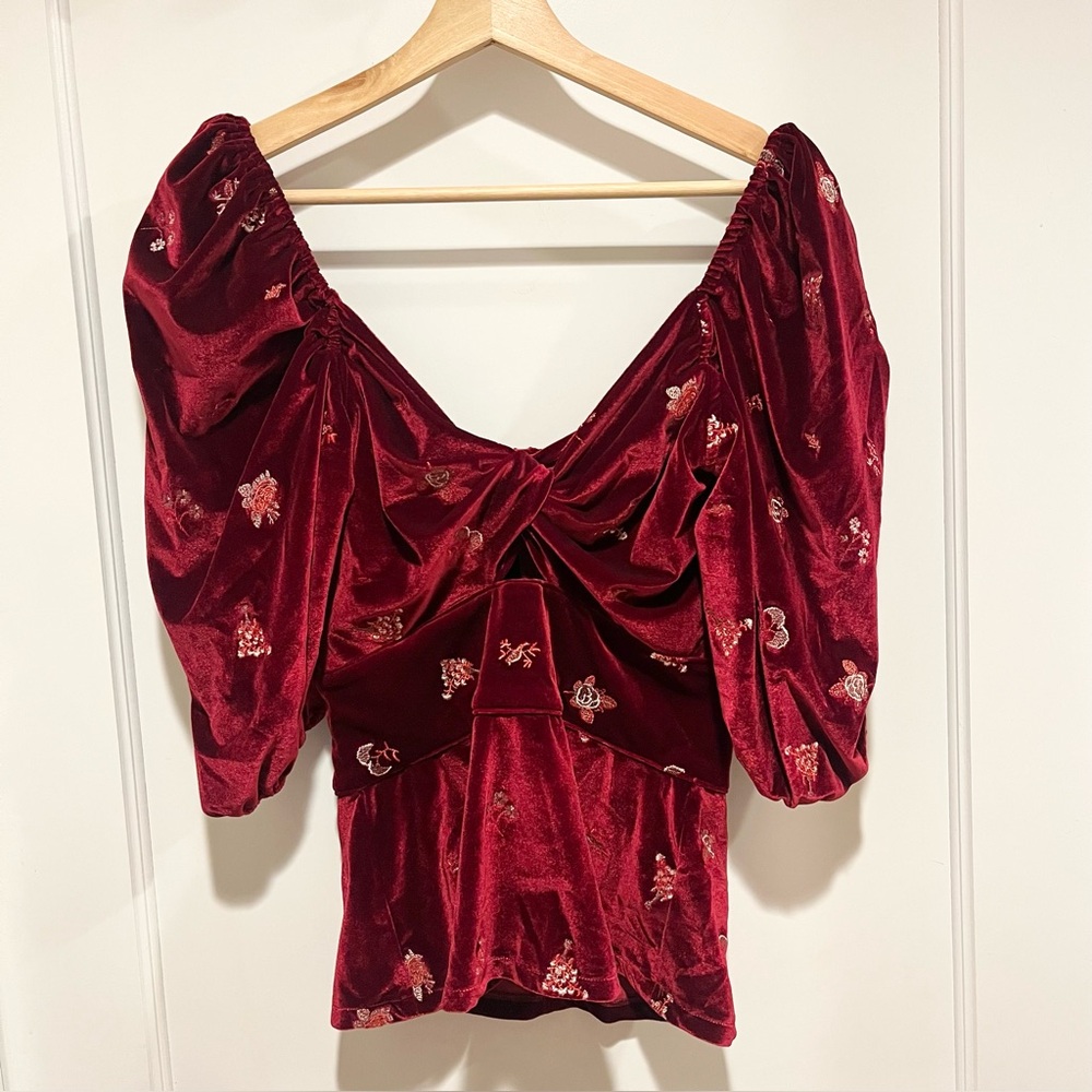 Never a Wallflower Velvet Floral Embroidered Puff Sleeve Cutout Top XS